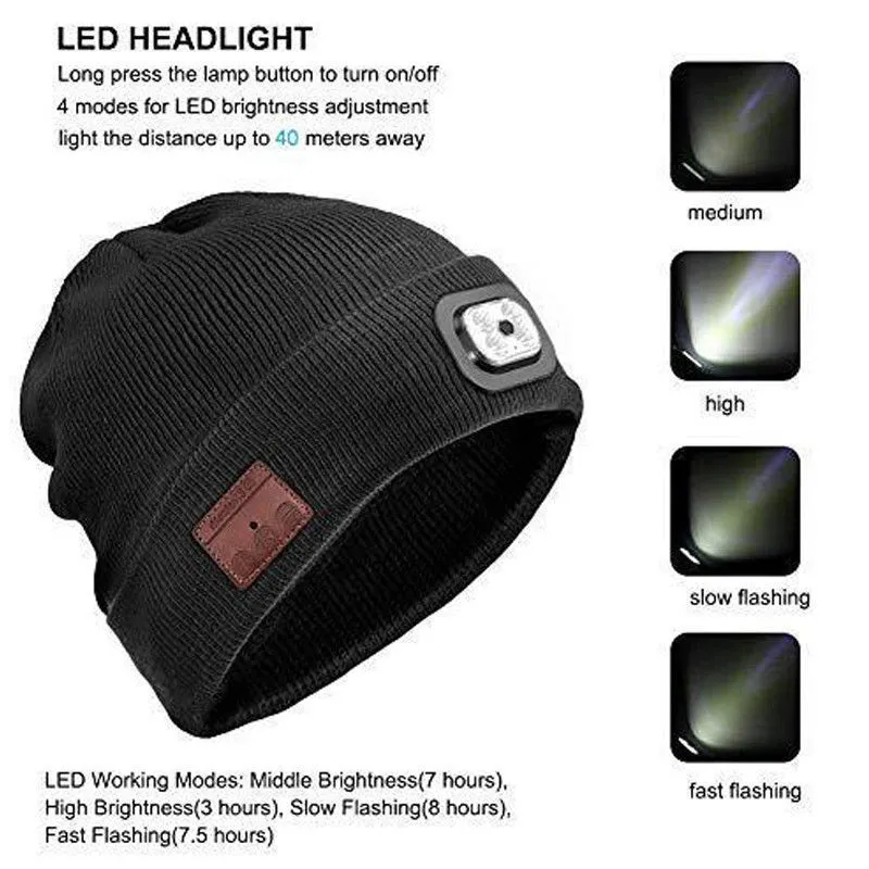 Bluetooth LED Light Beanie Cap, 4-Mode Wireless Stereo Headphone Speaker Hat