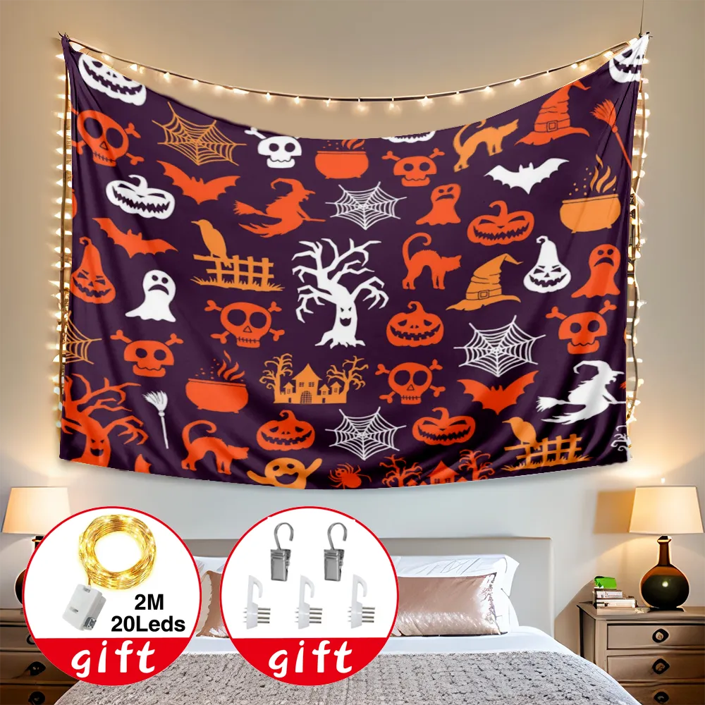 Halloween Tapestry, Wall Hanging Creepy Graveyard Woods Moon Night Pumpkin Lantern Wall Decor Wall Tapestry, for Dorm Bedroom Living Room,#238