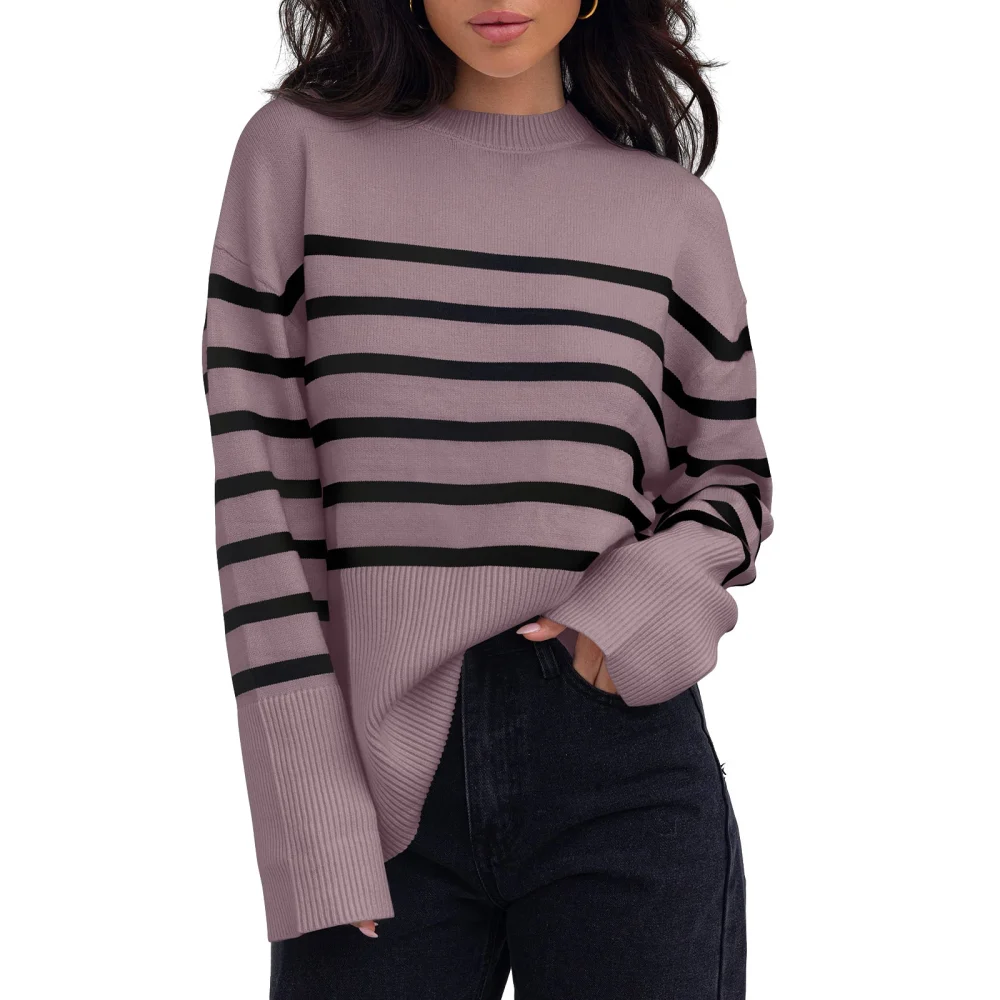 Women Loose Knit Sweater Stripe Long Sleeve Pullovers Jumpers