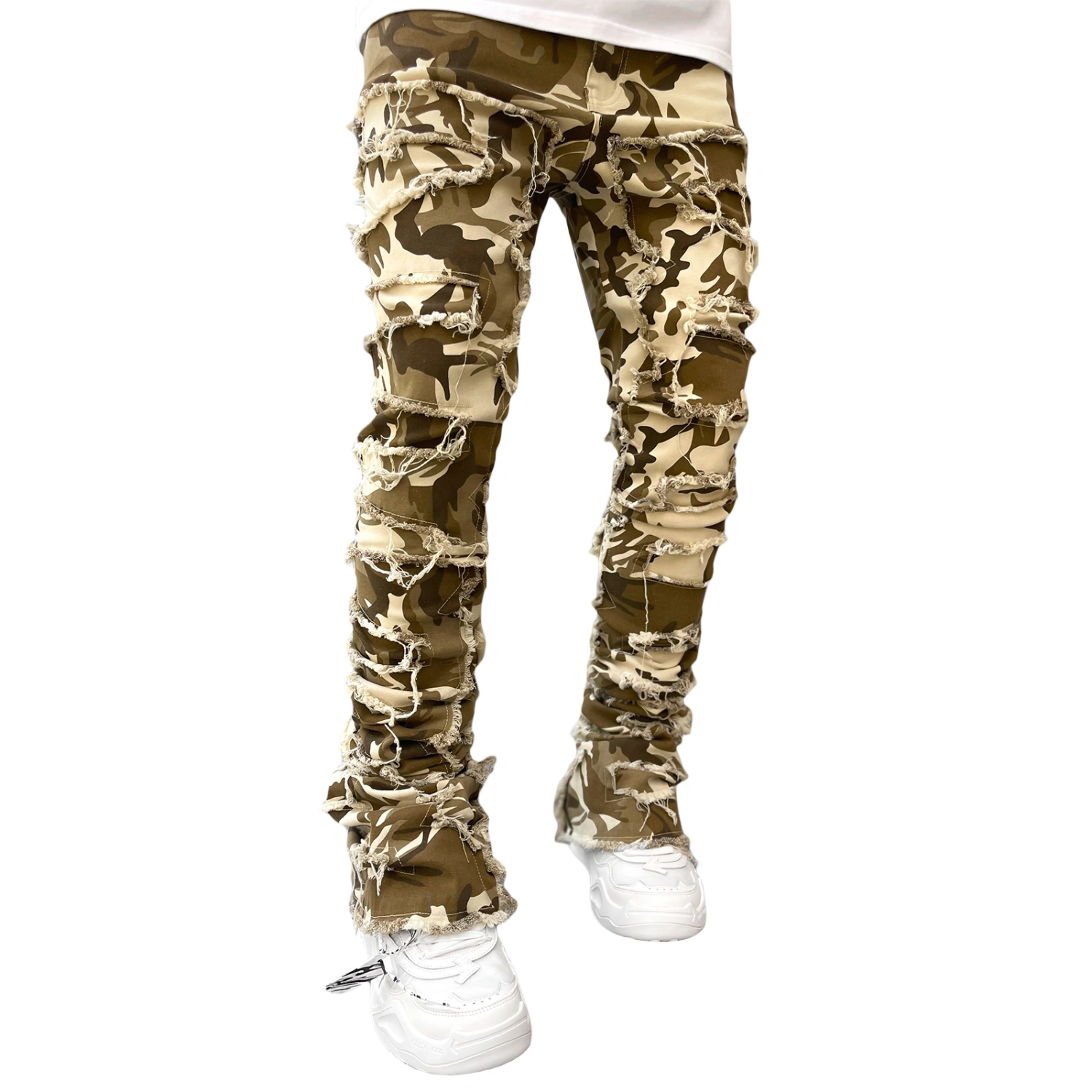 Men Skinny Pants Fashion Patch Frayed Hem Pants Casual Trousers
