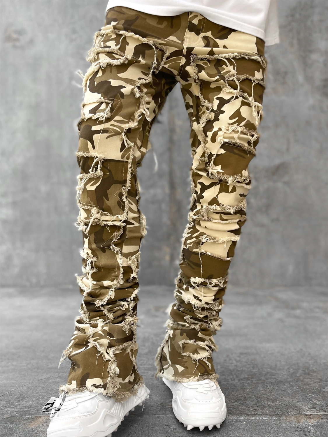 Men Skinny Pants Fashion Patch Frayed Hem Pants Casual Trousers