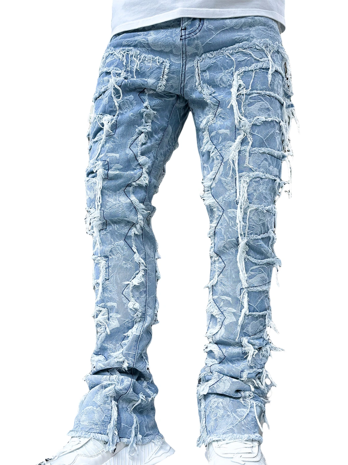 Men Skinny Pants Fashion Patch Frayed Hem Pants Casual Trousers
