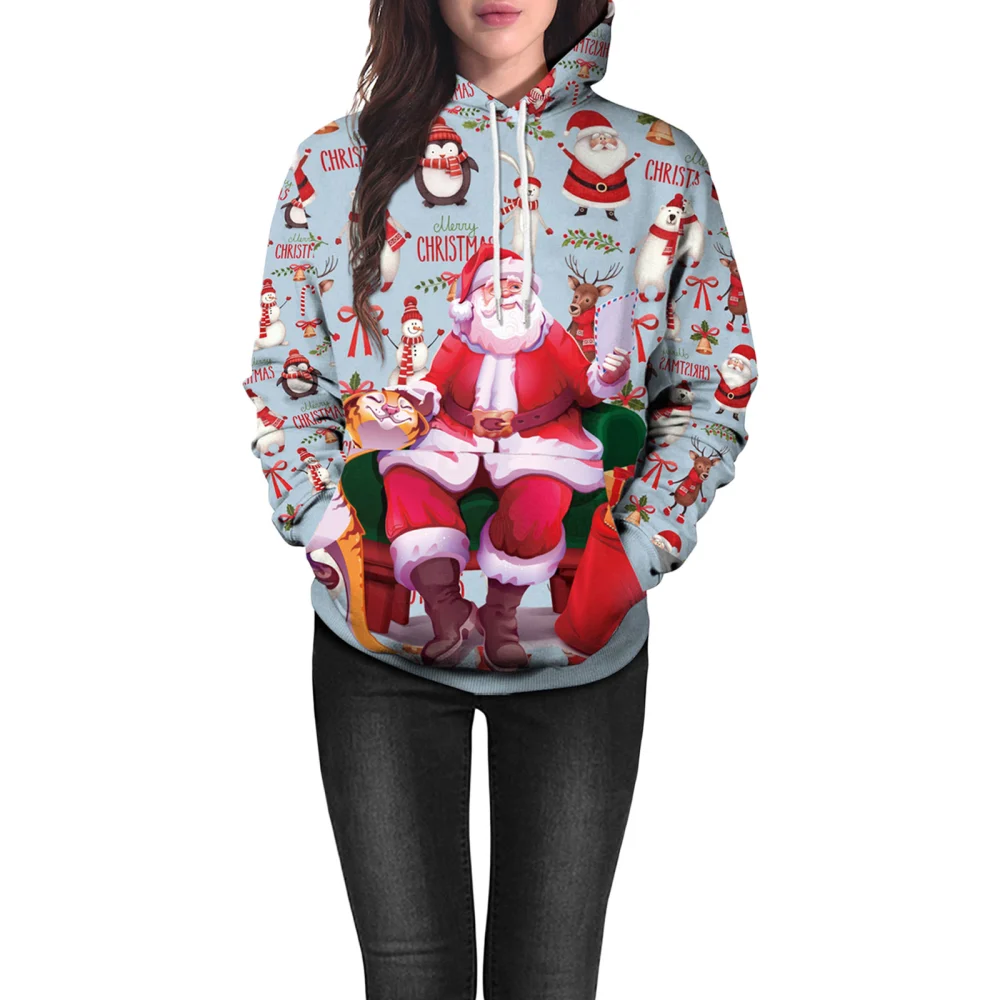 Women Men Hooded Shirt Long Sleeve Front Pocket Santa/ House Tops