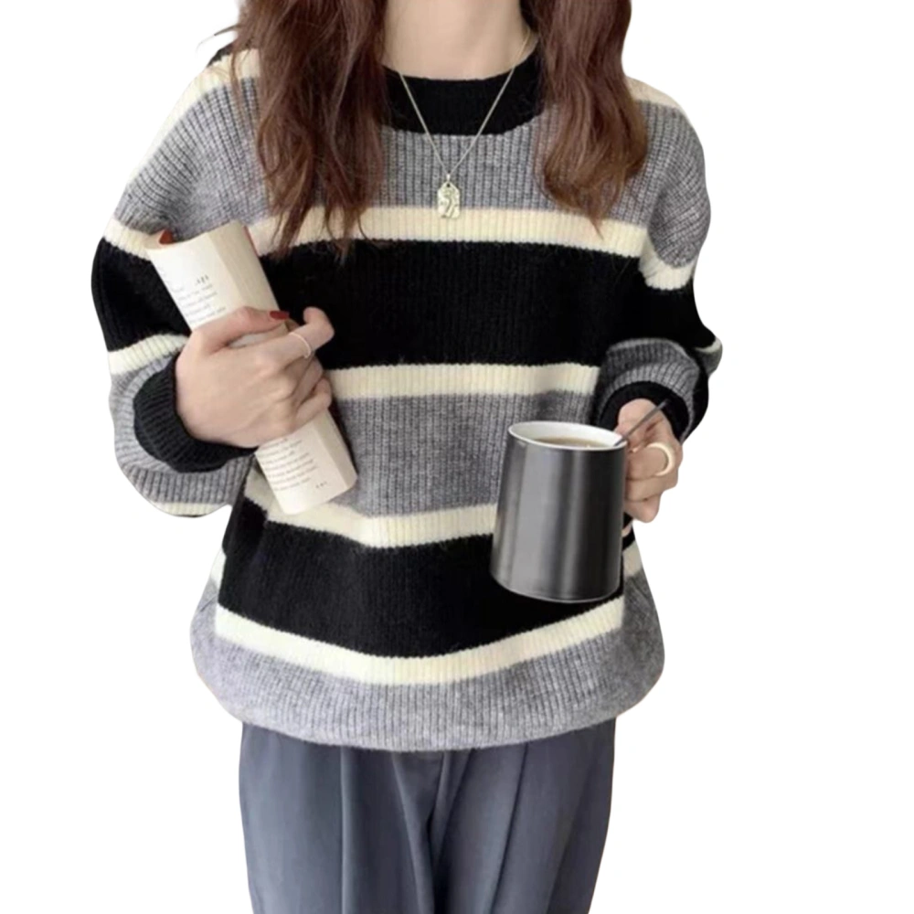 Women Knit Sweater Long Sleeve Crew Neck Striped Warm Pullover Sweater