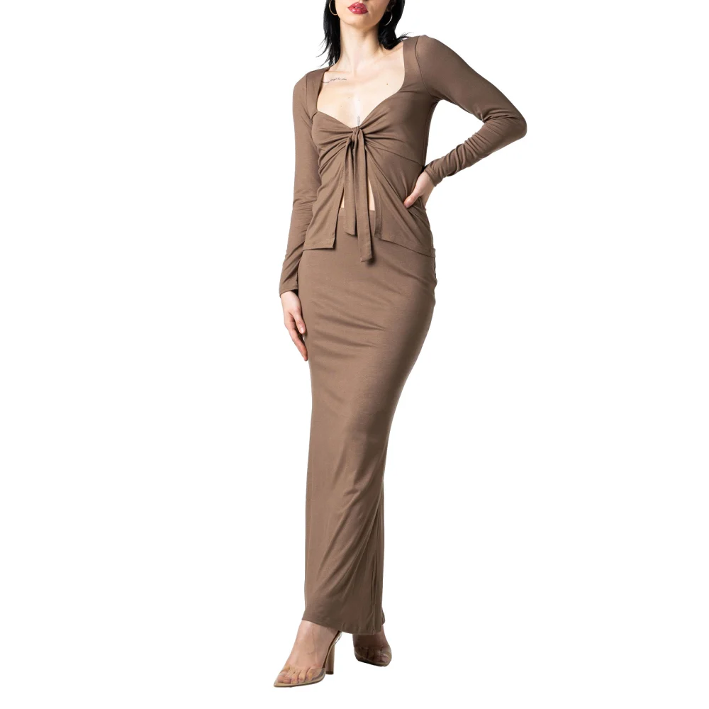 Women's Solid Color Front Knot Slim Tops Long Bodycon Skirt Set