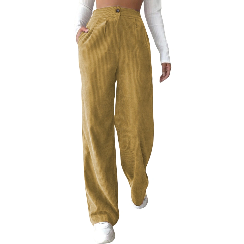 Women Corduroy Pants, Button Zipper Closure Solid Straight Trousers