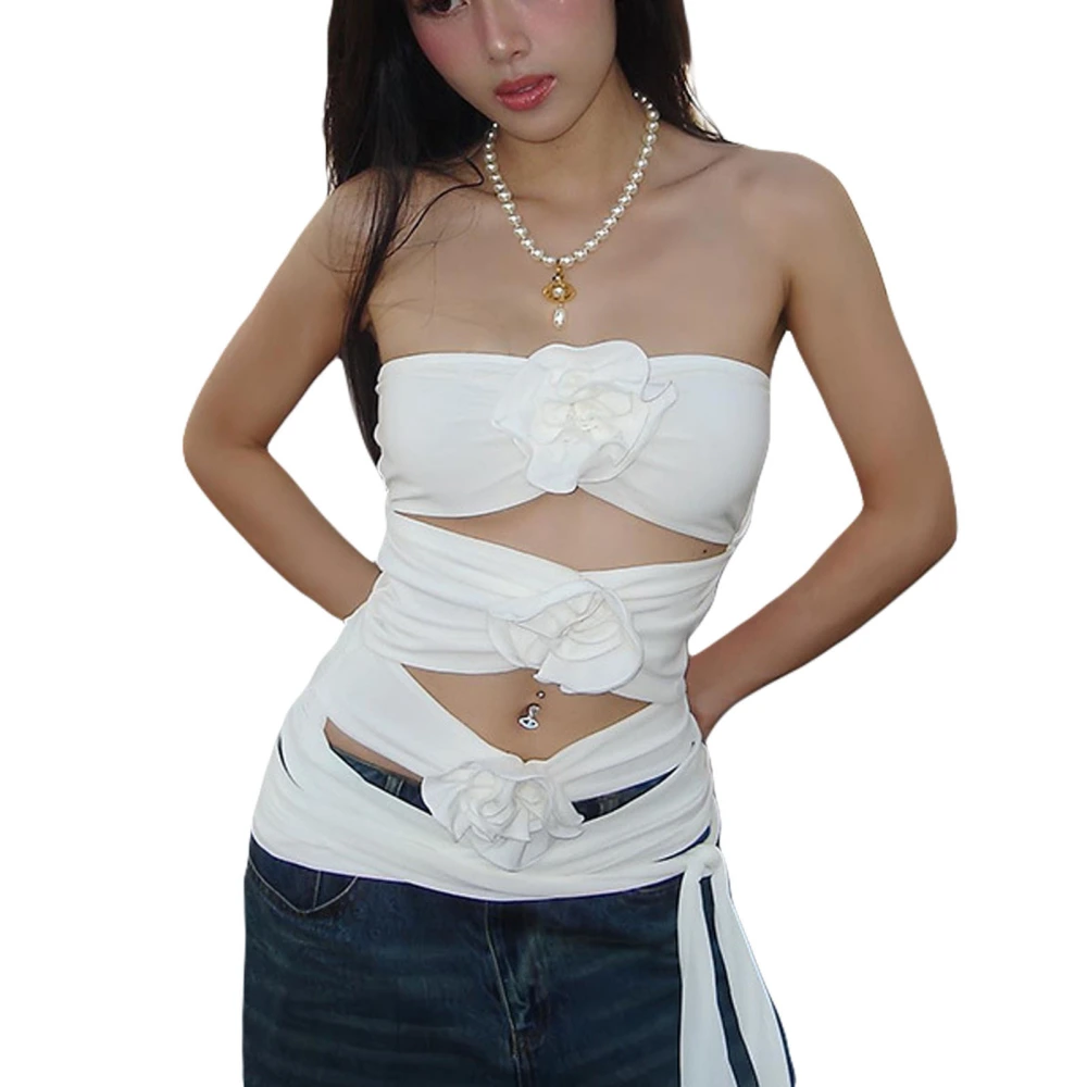 Women's Summer Slim Tube Tops, 3D Flower Cutout Strapless Vest