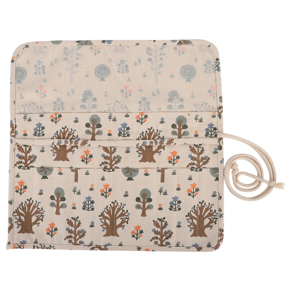 Floral Print Canvas Roll Up Pencil Bag Wrap Curtain Pen Case Large Capacity Storage Pouch