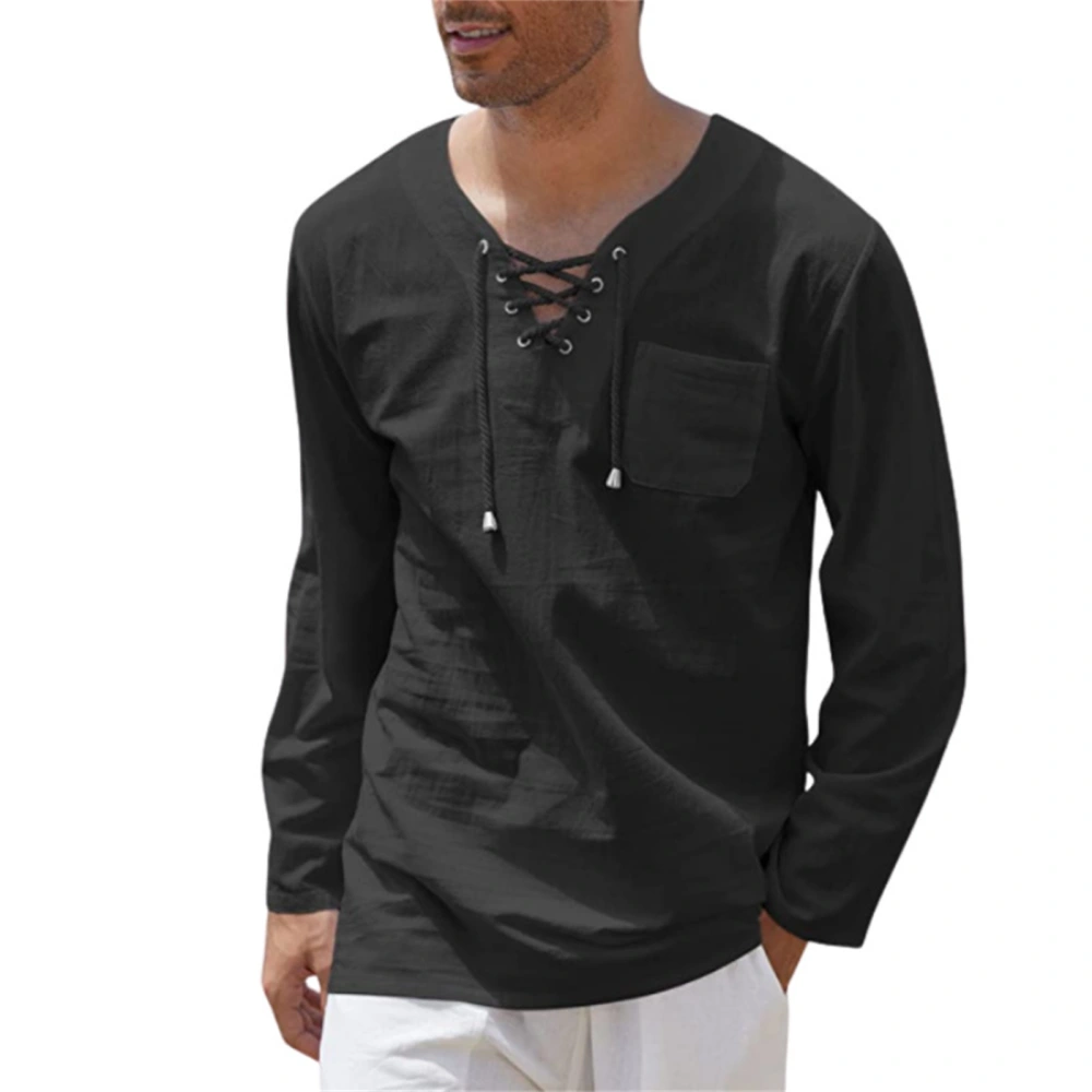 Men Long Sleeve Shirts Solid Color V Neck Casual Tops with Pocket 