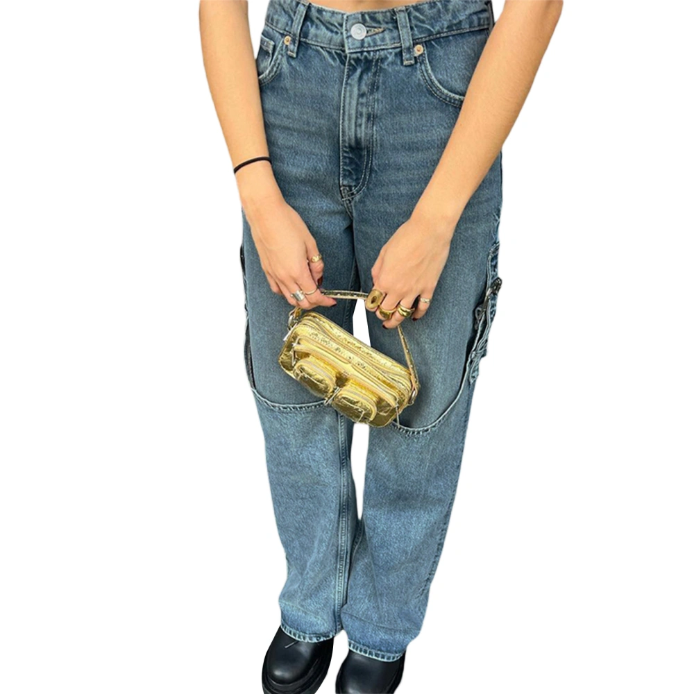 Women’s Wide Leg Jeans, Mid Rise Patchwork Straps Denim Pants