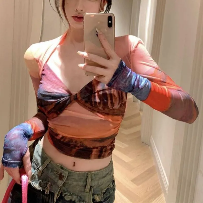 Slimming Blooming Printed Mesh Long Sleeve Sexy Top