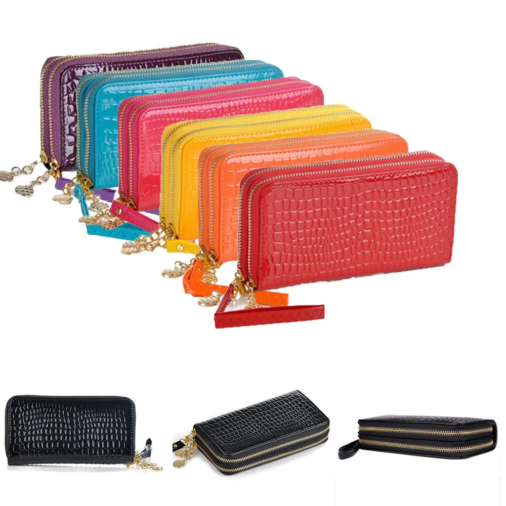 Women Wallet, Solid Color Crocodile Pattern Double Zipper Wallet