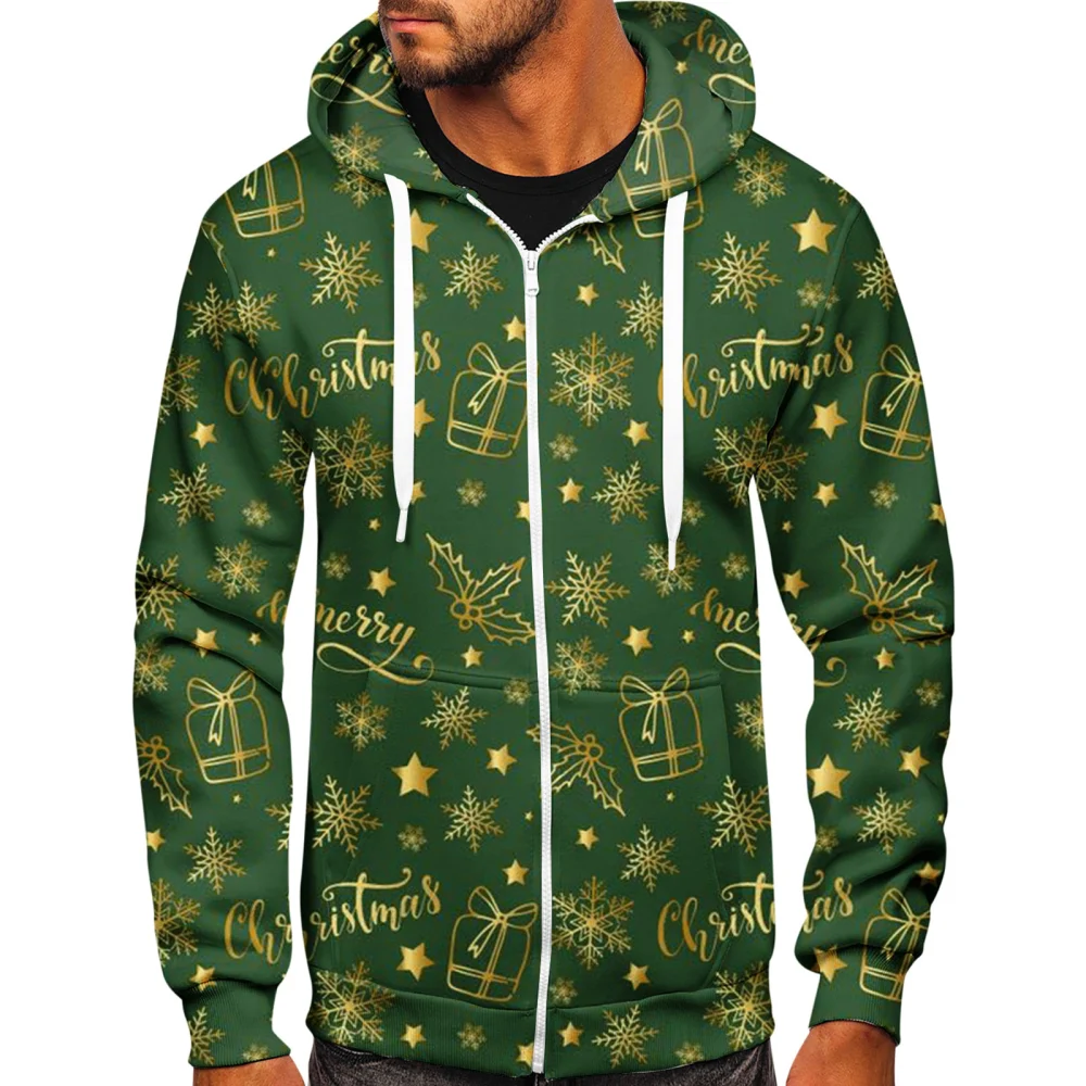 Men's Long Sleeve Christmas Patterned Casual Zip Up Hooded Sweatshirt