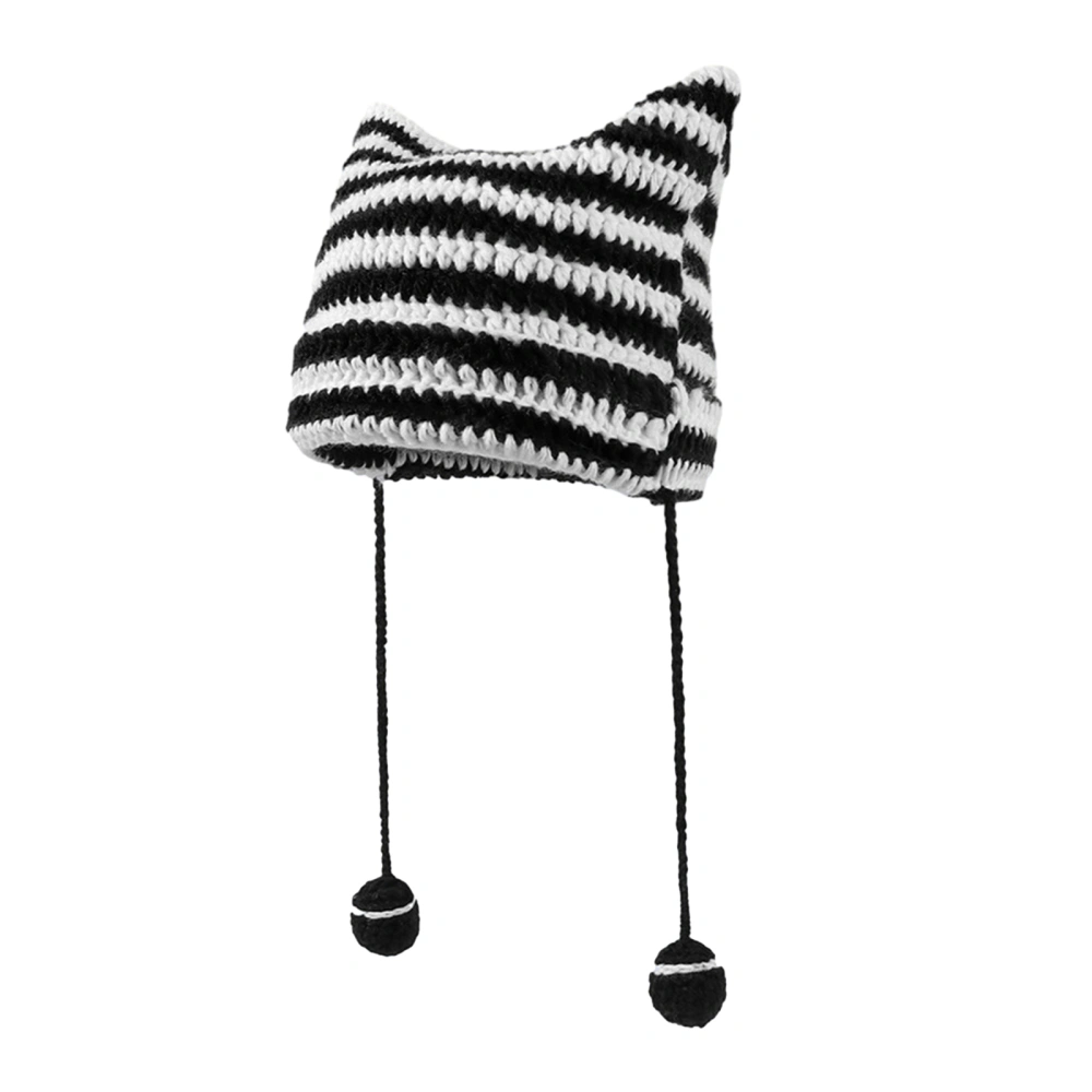 Women's Striped Pattern Knit Hat Cute Devil Ear Crochet Casual Beanie 