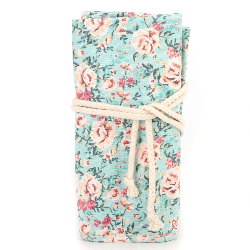 Floral Print Canvas Roll Up Makeup Pencil Curtain Bag Wrap Curtain Pen Storage Pouch