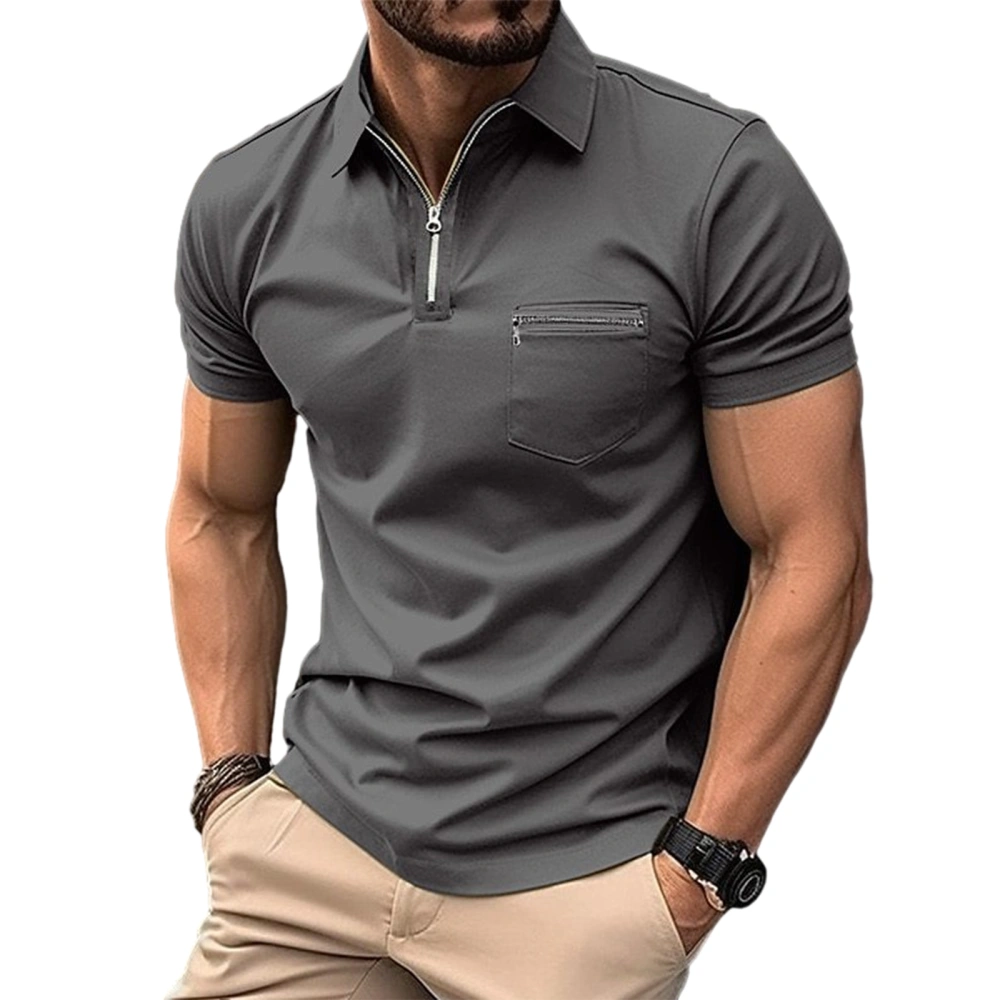 Men's Summer Quarter Zip T-shirt, Solid Short Sleeve Lapel Loose Tops