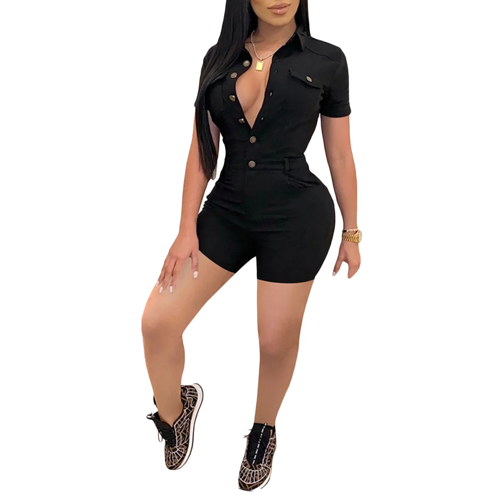 Women's Lapel Romper, Short Sleeve Button Down Pocket Jumpsuit Shorts