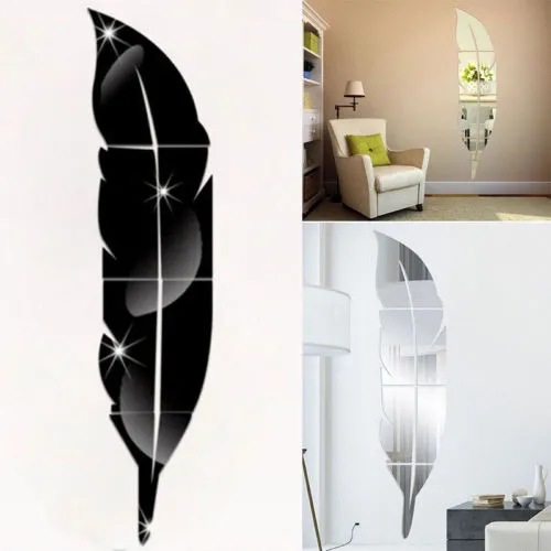 3D Feather Mirror Wall Sticker, DIY Home Decoration, Plume Wall Decor