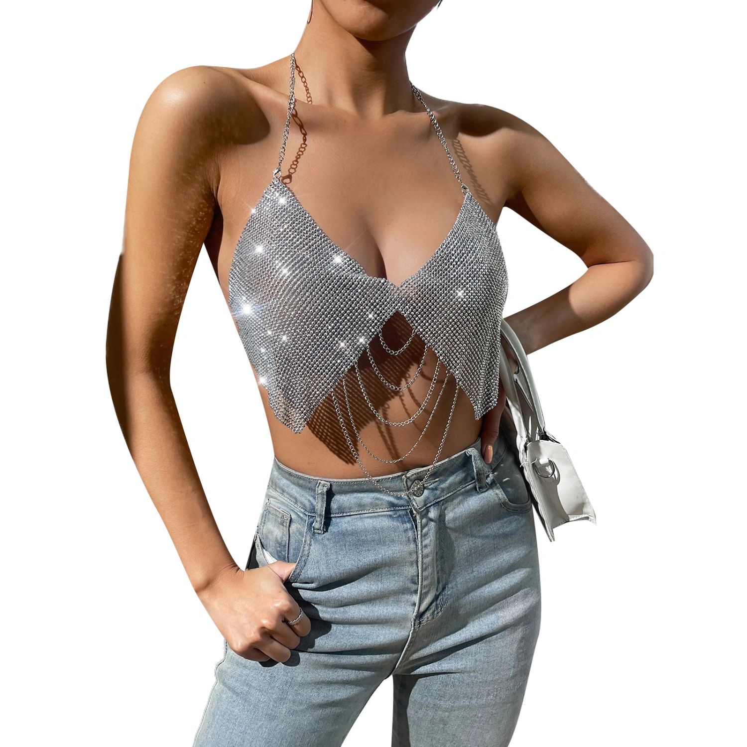 Women Sling Vest Tops Rhinestone Casual Party Summer Short Shirt