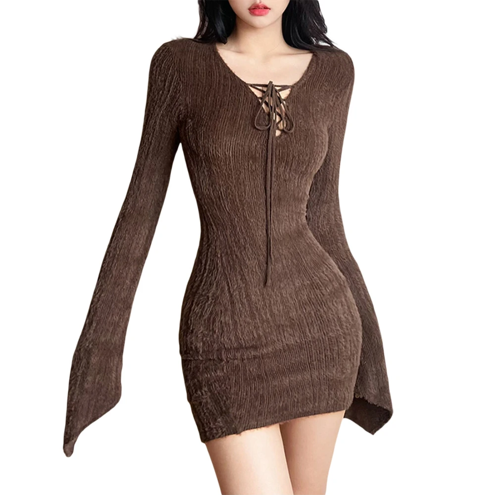 Women's Bodycon Mini Dress, Deep V Neck Long Sleeve Cross Tie-up Dress