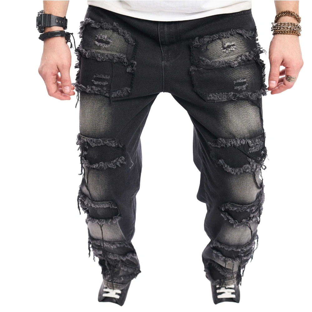 Men's Ripped Distressed Denim Pants Mid Rise Loose Jeans Hip Hop Pants