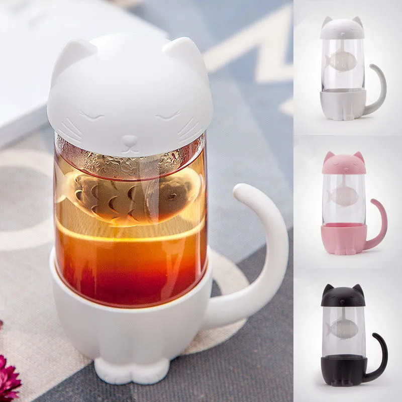 280 ml Cute Cat Shape Glass Cup Tea Filter Cup Glass Strainer