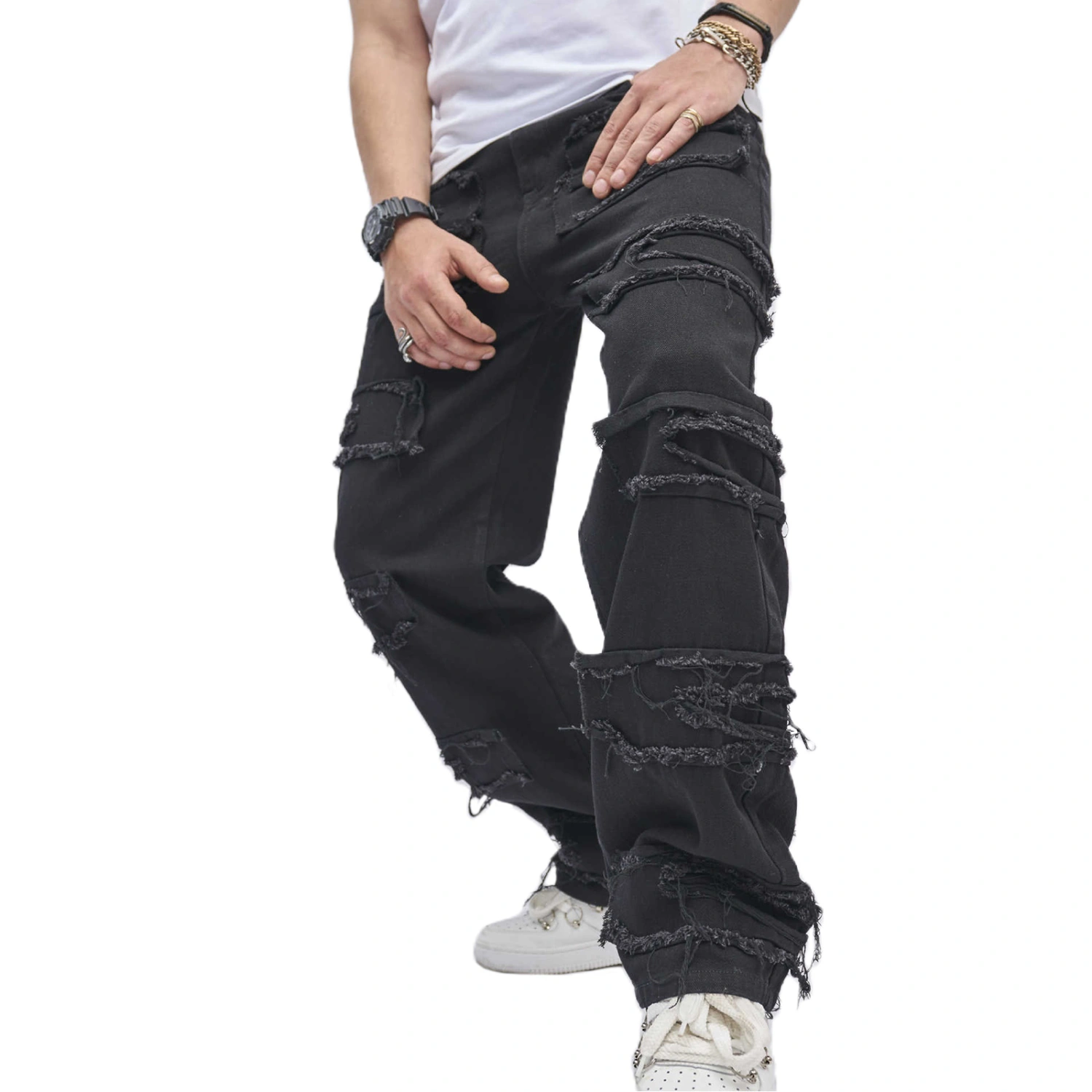 Men's Retro Loose Denim Pants, Black Mid Rise Ripped Straight Jeans
