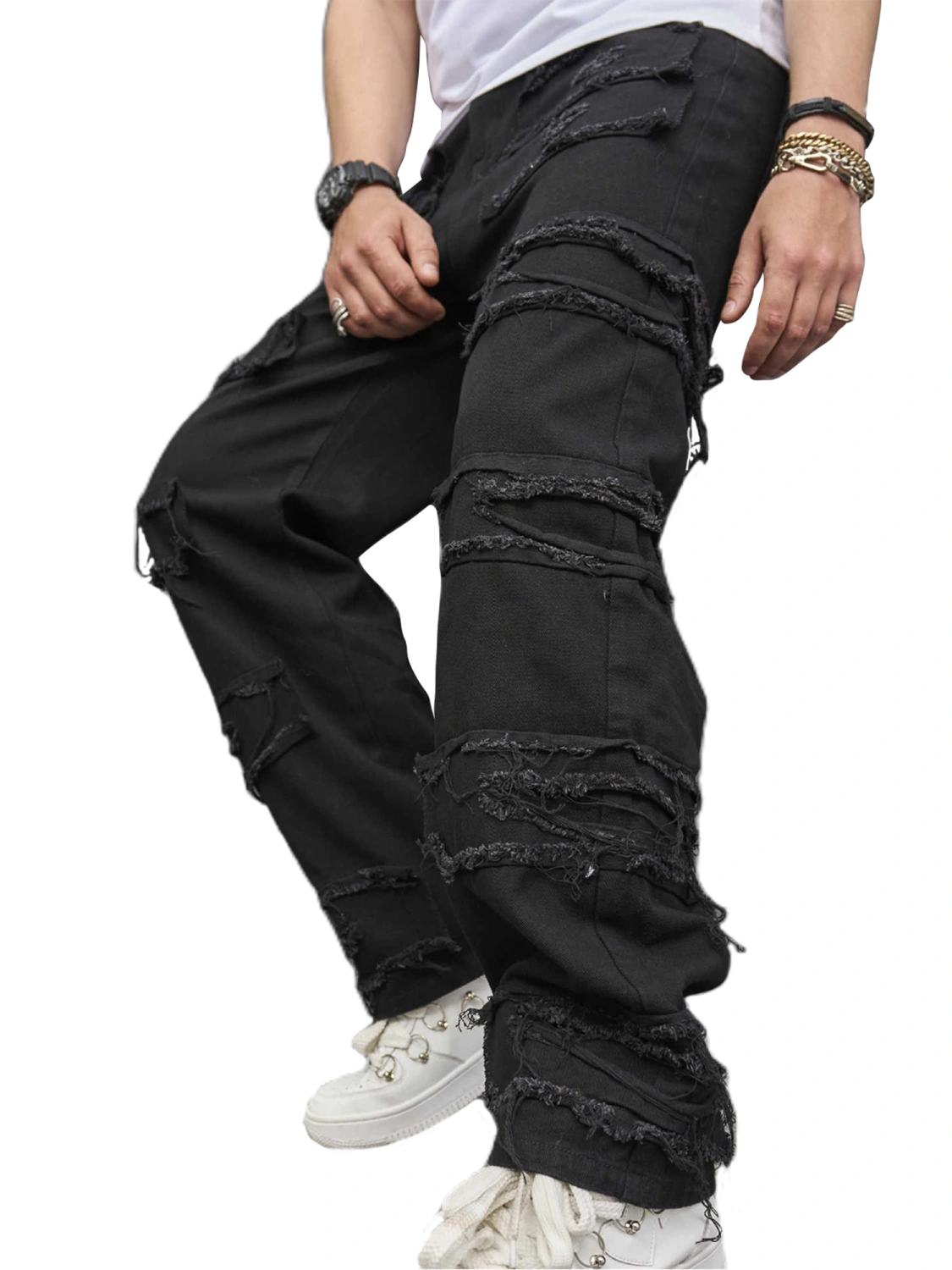 Men's Retro Loose Denim Pants, Black Mid Rise Ripped Straight Jeans