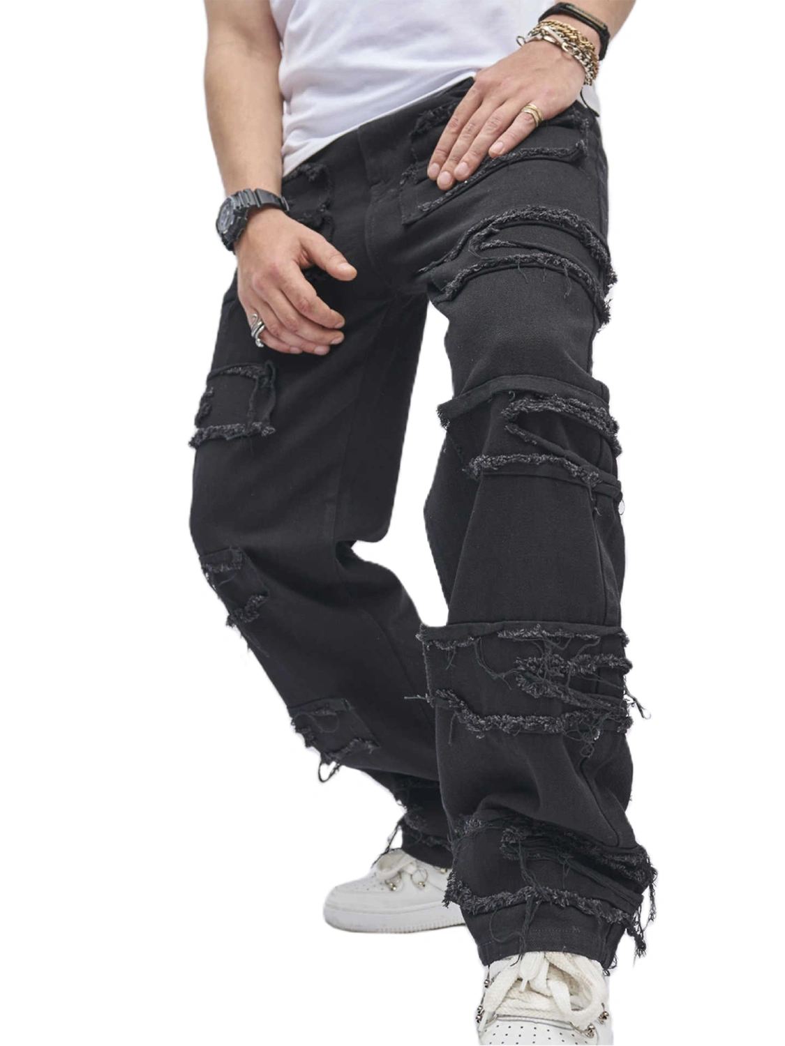 Men's Retro Loose Denim Pants, Black Mid Rise Ripped Straight Jeans