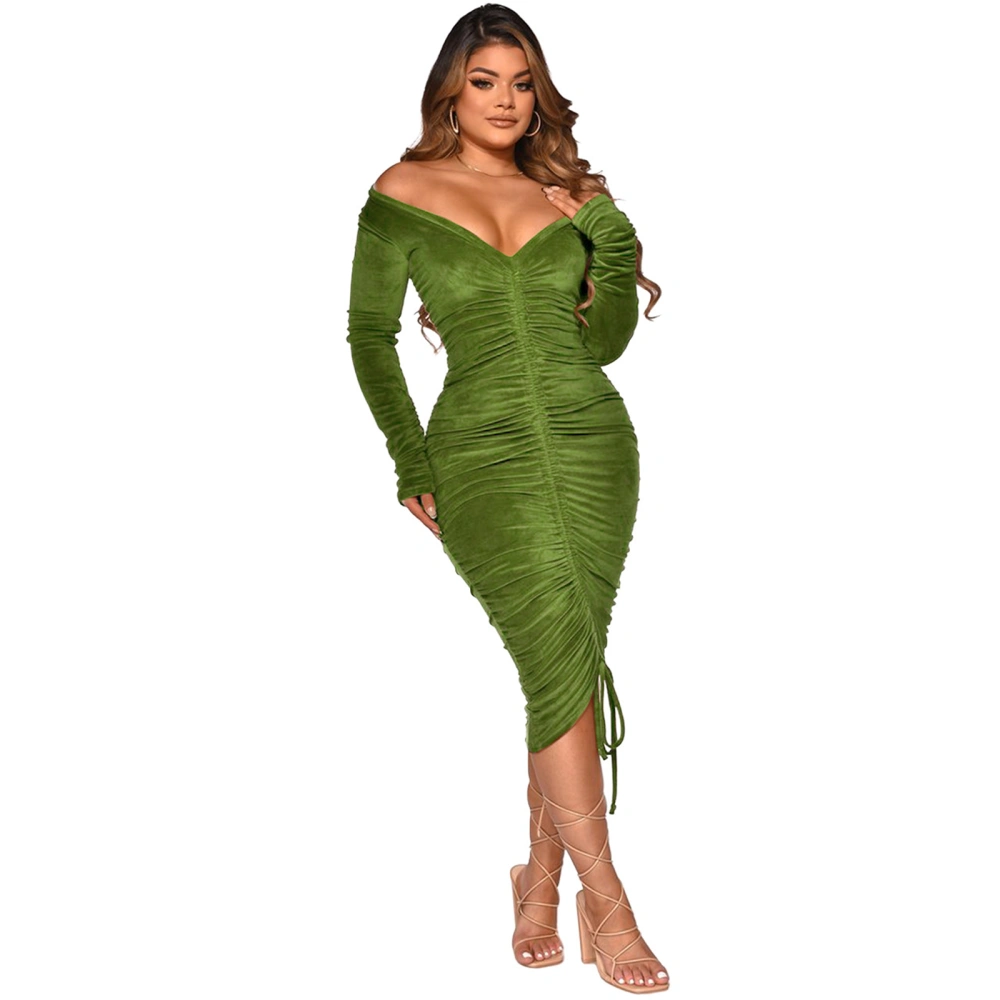 Women Long Sleeve Velvet Dress Ruched Off-shoulder Bodycon Party Dress