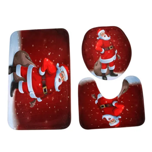 3 Pieces Snowman Santa Mats, Christmas Decor Covers, Bathroom Mat