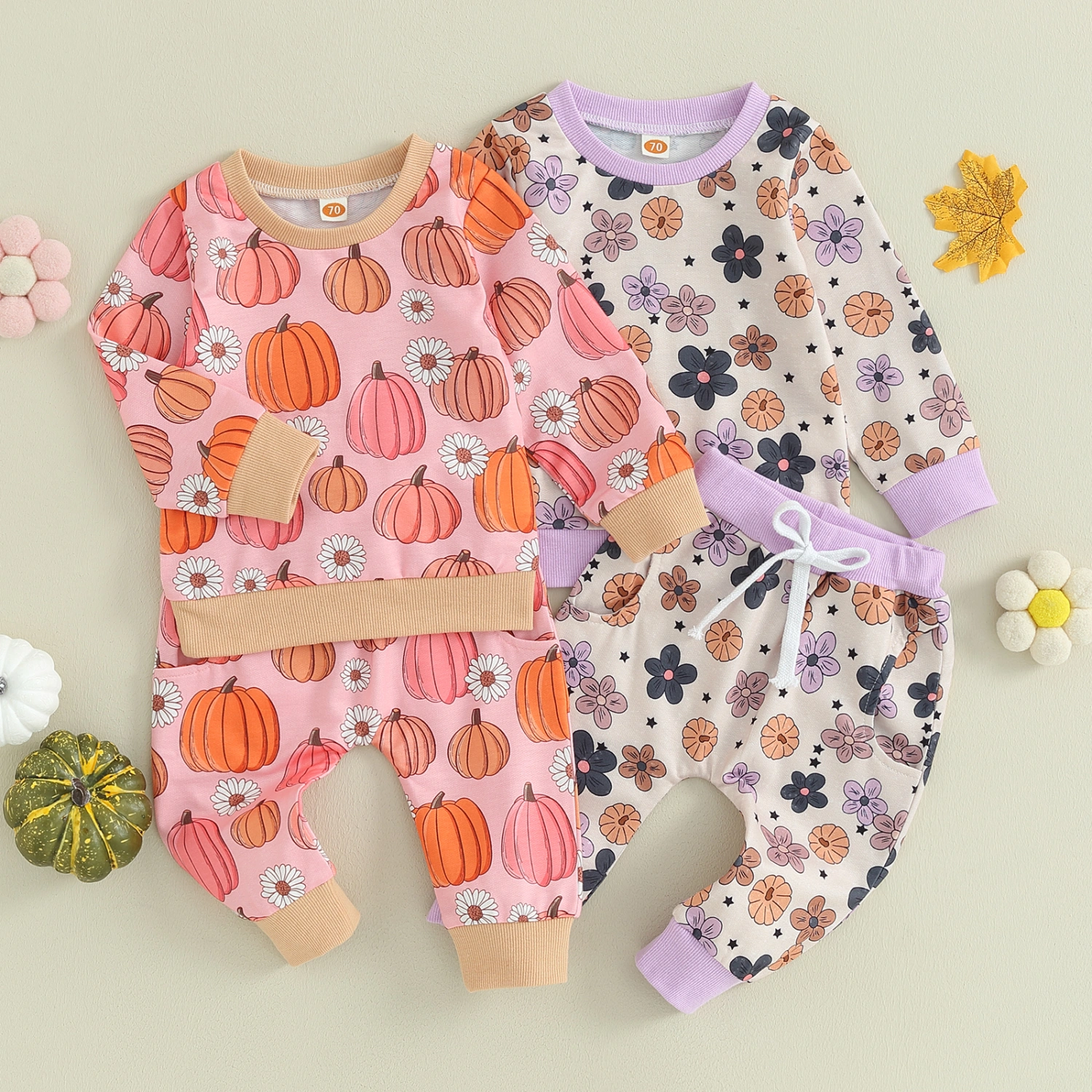 Baby Girl Fall Outfit Flower/Pumpkin Print Sweatshirts Long Pants