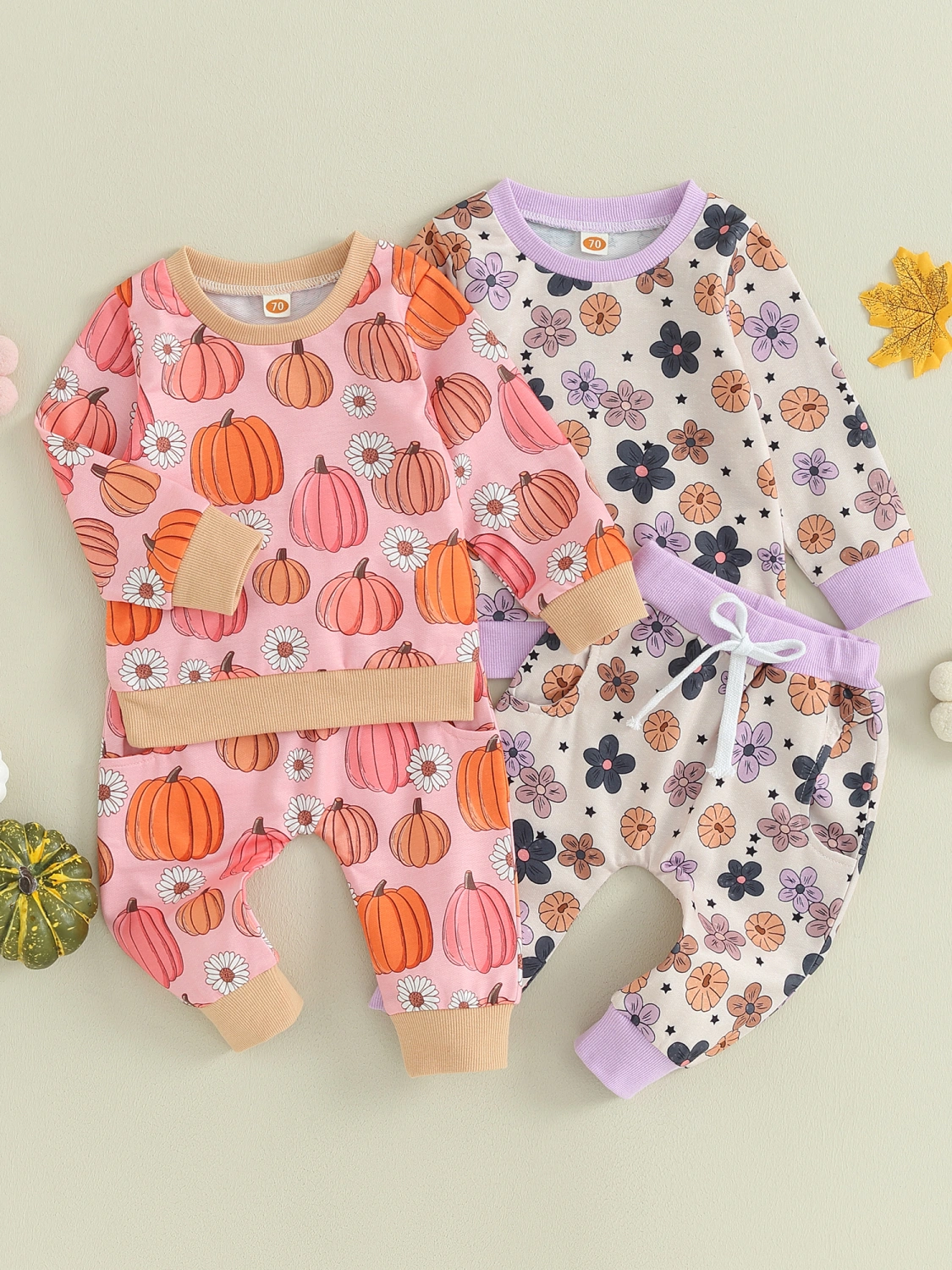 Baby Girl Fall Outfit Flower/Pumpkin Print Sweatshirts Long Pants