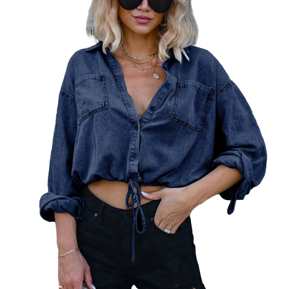 Women Long Sleeve Crop T-shirt Casual Solid Color Button Up Denim Tops