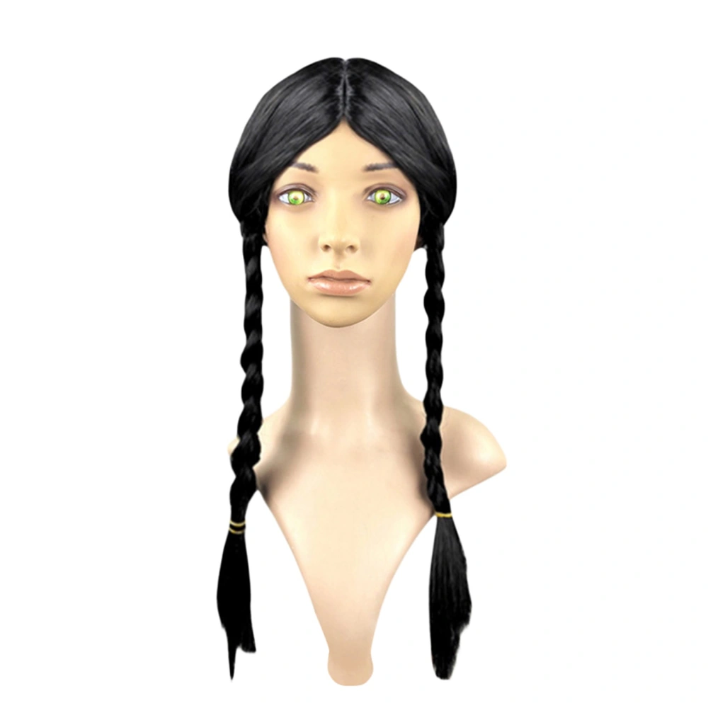 Black Plaited Wig for Adults Twin Pigtails Halloween Party Costume Wig