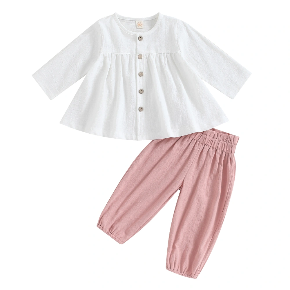 Girl Button Long Sleeve Round Neck Shirt and Elastic Waist Pants