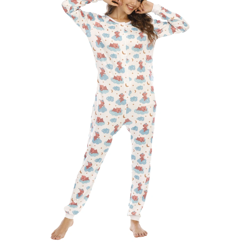 Women Pajamas Jumpsuit, Cartoon Long Sleeve Buttons O-Neck Sleep Wear