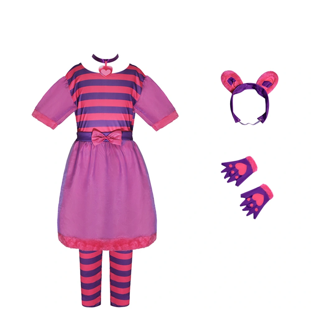 Girls Short Sleeve Striped Dress + Heart Necklace + Cat Ear Gloves