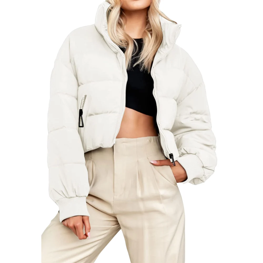 Women Cropped Puffer Jacket, Long Sleeve Zip-up Winter Down Coat