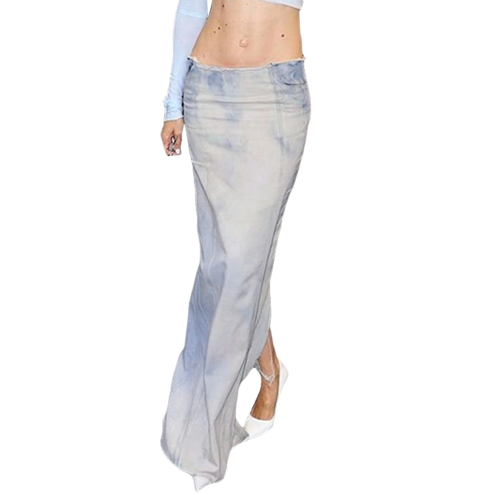 Women's Tie Dye Printing Denim Skirt, Low Waist Back Slit Jean Skirt