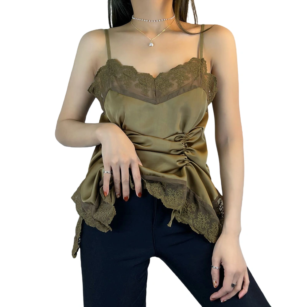 Women’s Solid Color Lace Stitching V-neck Drawstring Pleated Camisole