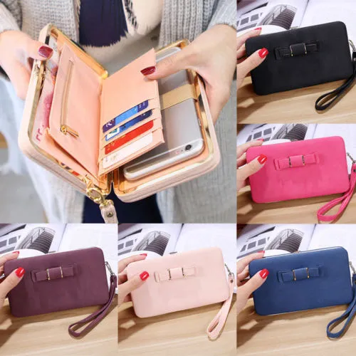 Ladies Monochrome Purse Medium Long Wear Resistant Bow Decoration Wallet