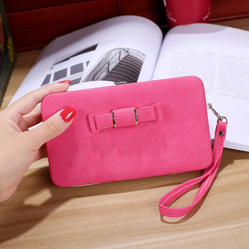 Ladies Monochrome Purse Medium Long Wear Resistant Bow Decoration Wallet