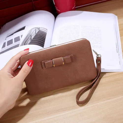 Ladies Monochrome Purse Medium Long Wear Resistant Bow Decoration Wallet