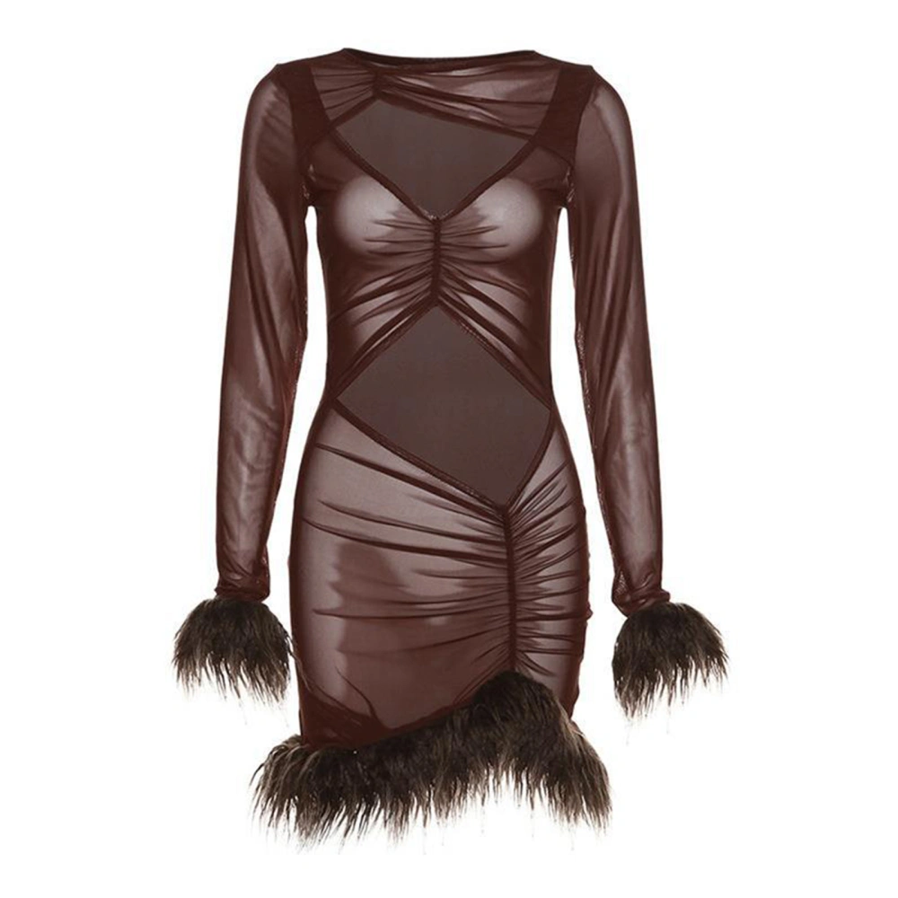 Women's Spring Brown Long Sleeve Hollow Sheer Clubwear Dress