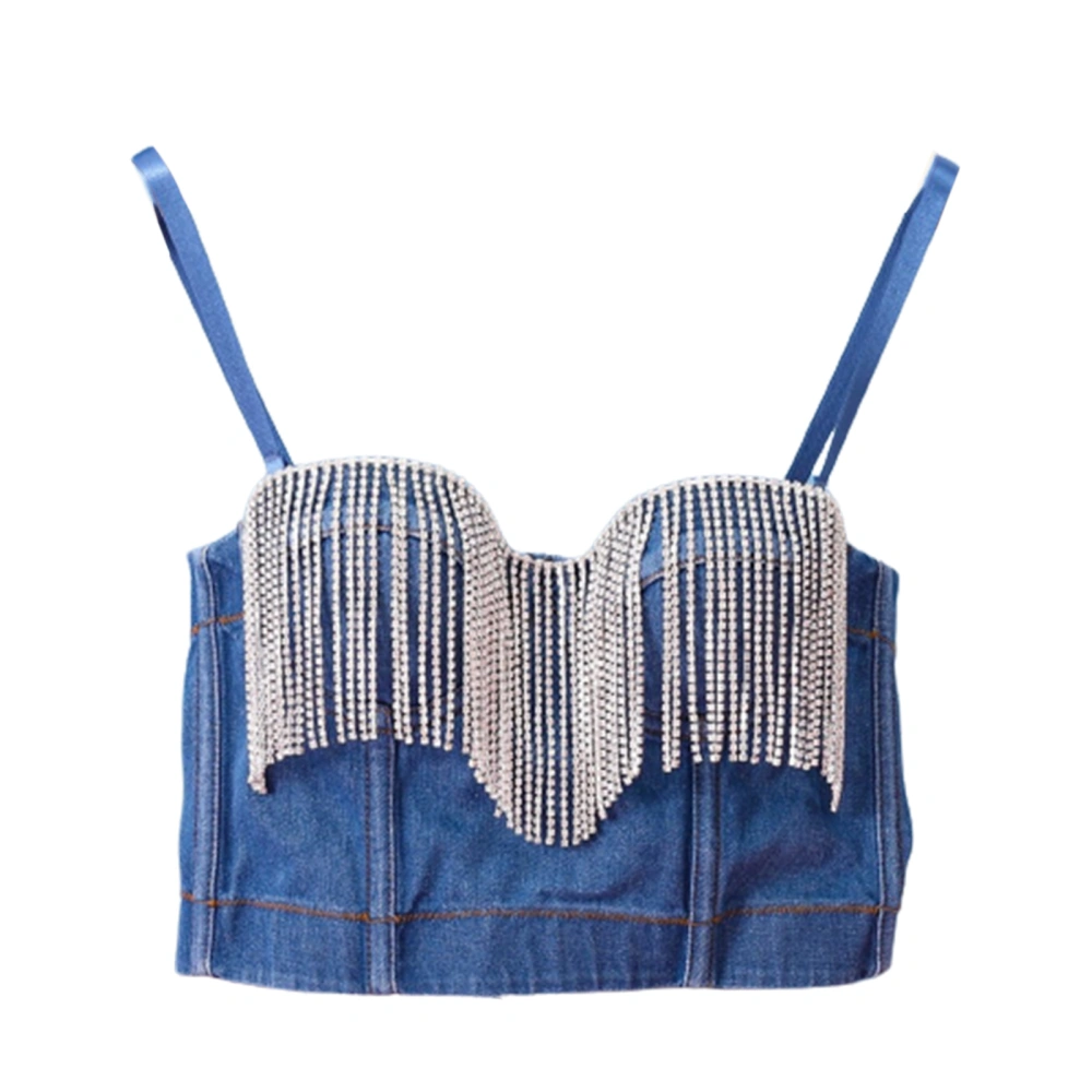 Women’s Diamond Tassel Boat Neck Exposed Navel Denim Camisole