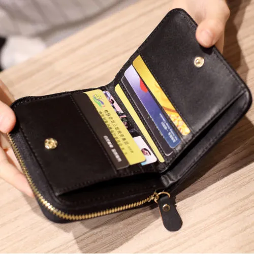 Ladies Coin Purse Plaid Pure Color Zipper Folding Compact Wallet