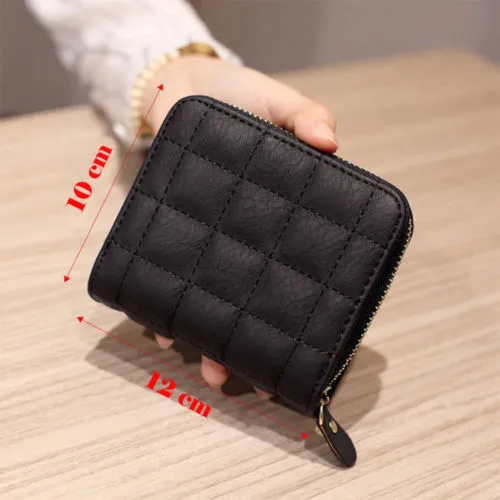 Ladies Coin Purse Plaid Pure Color Zipper Folding Compact Wallet