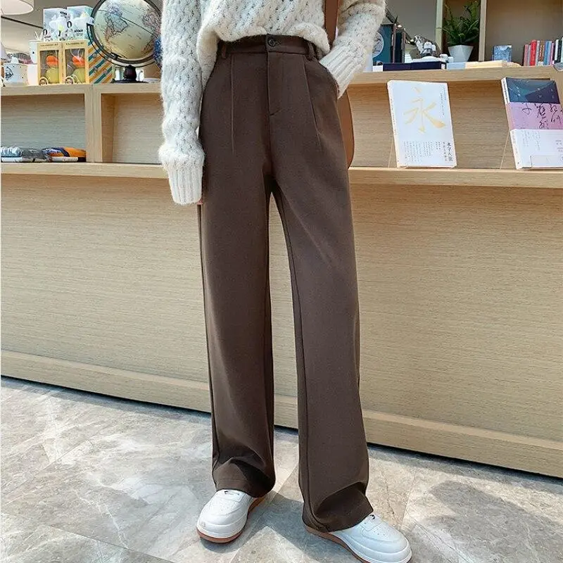 Winter Warm Thick Women Wool Wide Leg Pants Casual Soild Elasit High Waist Woman Woolen Pant Female Straight Long Trousers S-4XL