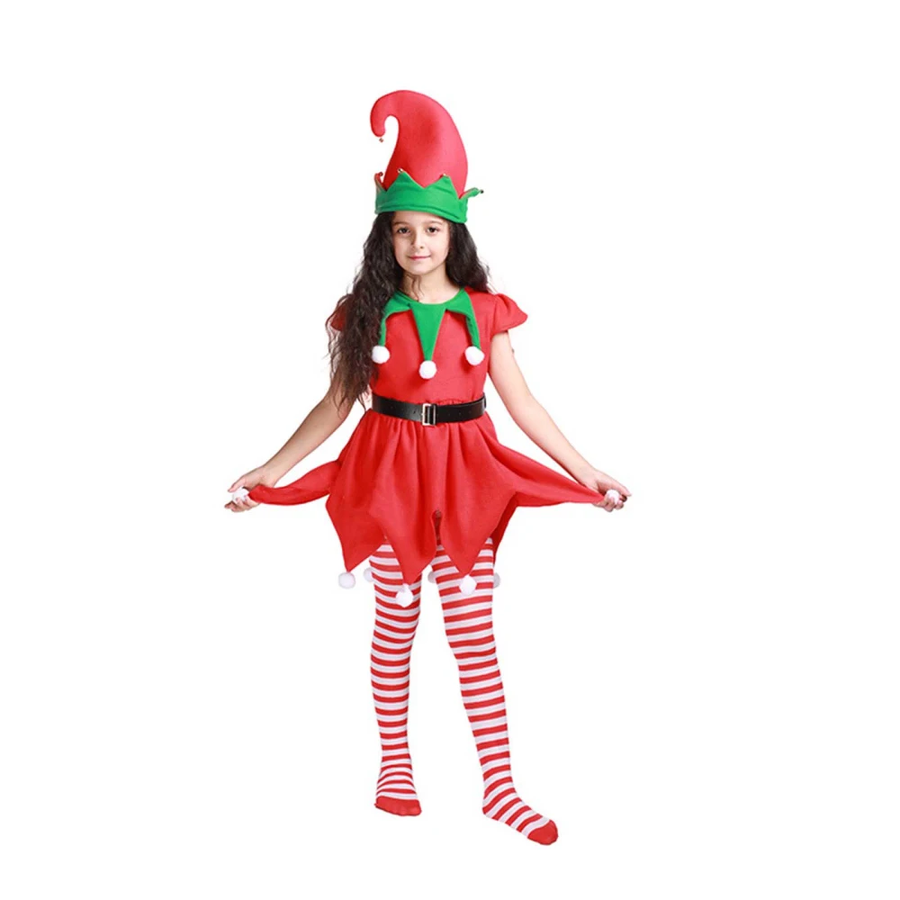 Girls Christmas Dress Set Elf Patchwork Dress + Hat + Belt + Stockings